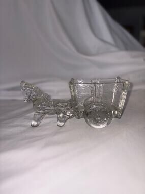 Vintage Clear Glass Horse and Cart Candy Dish Wood Grain Wagon Trinket Bowl